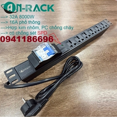 Ổ điện thanh nguồn chống sét PDU 6 cổng Hãng Anrack, có atomat 32A chống giật kèm dây nguồn 2M...