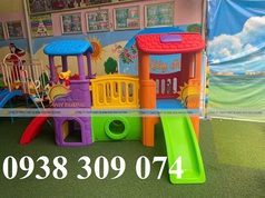Bộ cầu trượt 2 khối nhà, nhà khối cầu trượt nhựa trẻ em 