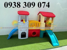Cầu trượt liên hoàn 2 khối nhà mầm non, xe chòi chân mầm non, xe chòi chân ô tô trẻ...