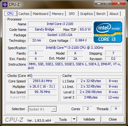 4 CPU Intel Core i3 2100 3.10 GHz