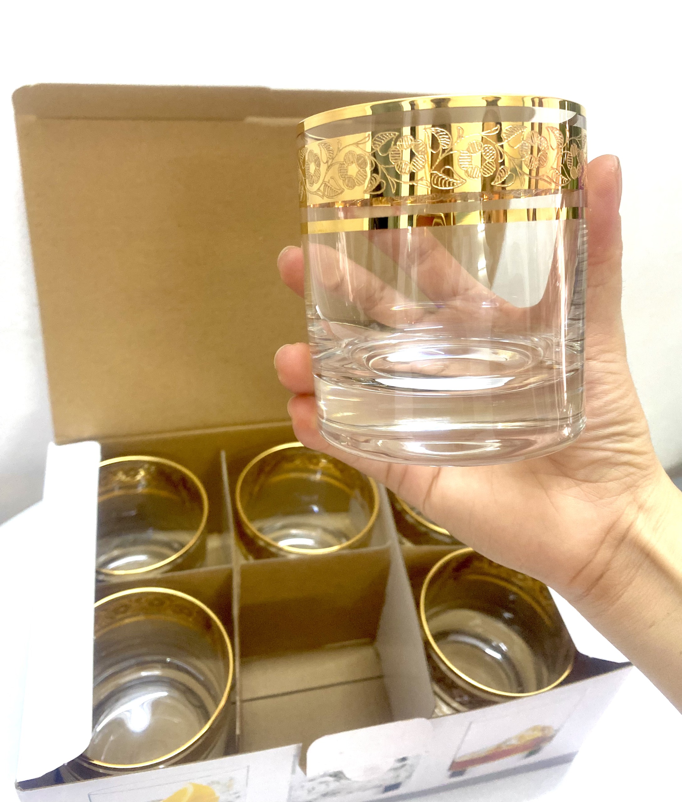 1 Bộ ly uống whisky mạ vàng họa tiết hoa mai Crystalite 300ml