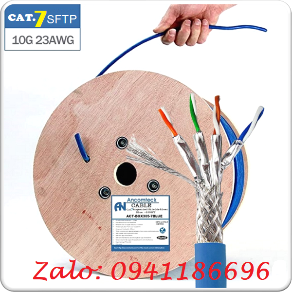 Cáp Mạng ANCOMTECK Cat7 4 Pair 23AWG LSZH màu xanh dài 305m/Cuộn, Chính Hãng