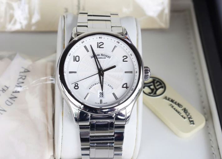 1 Đồng hồ Nam Armand Nicolet M02-4 Automatic, Mặt trắng dây thép - size 42mm Fullbox