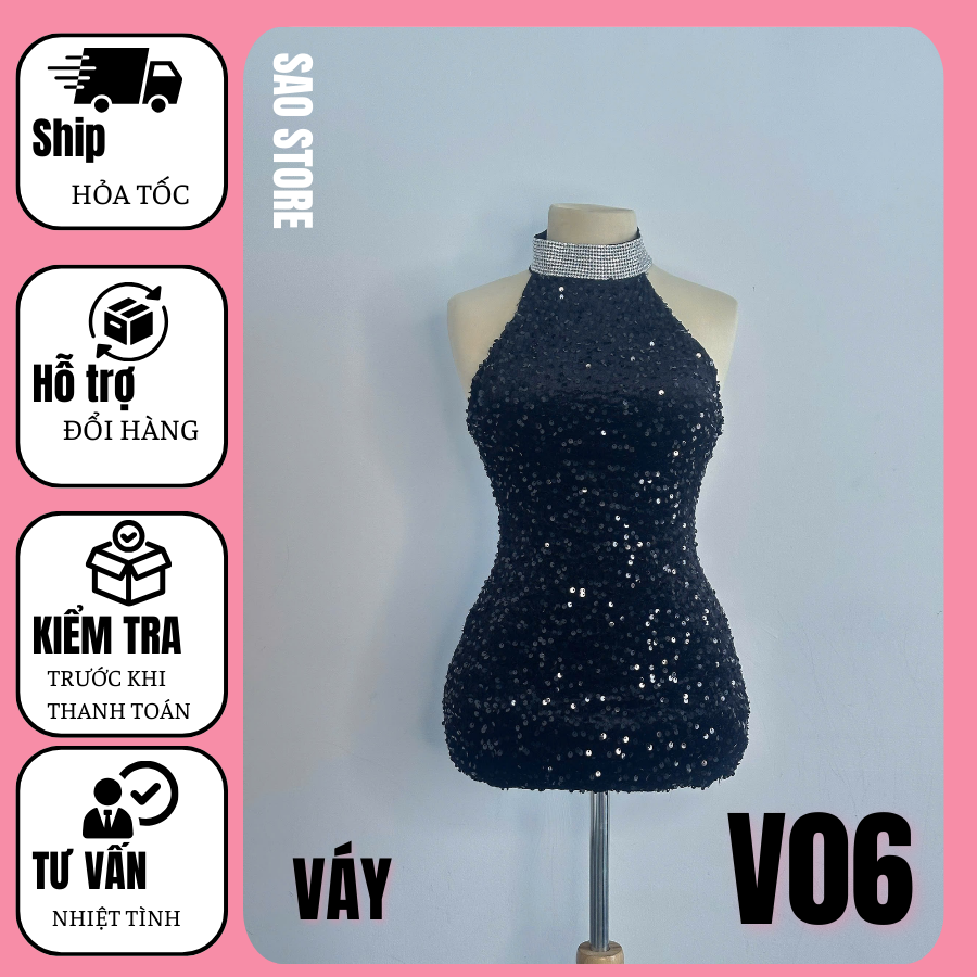 Váy dự tiệc đính đá chất kim sa đầm body cổ yếm sang trọng V06