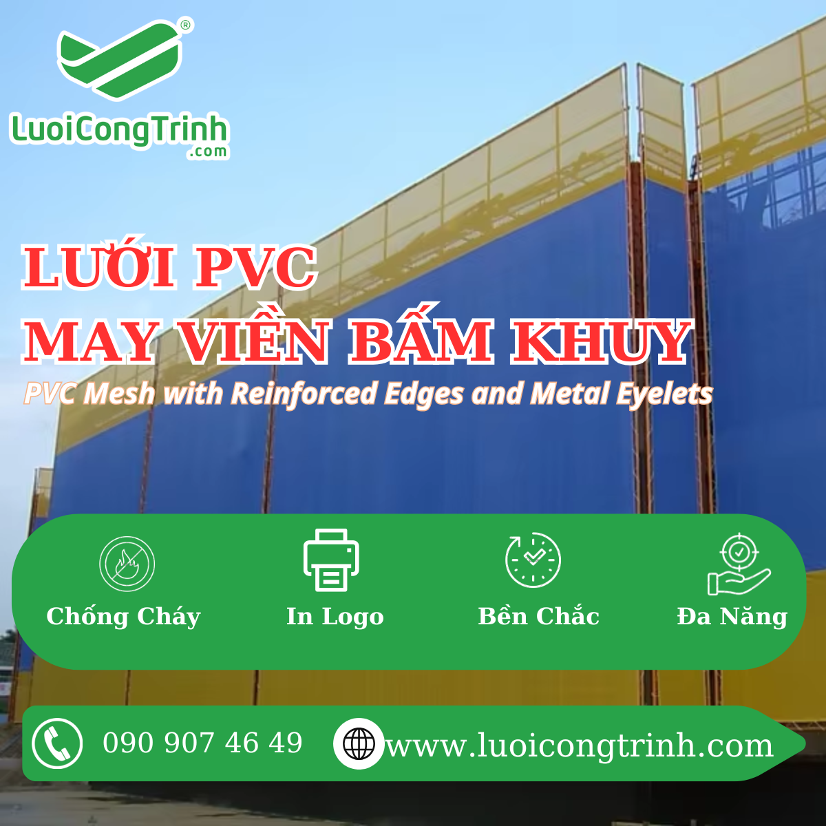 Lưới nhựa PVC may viền bấm khuy