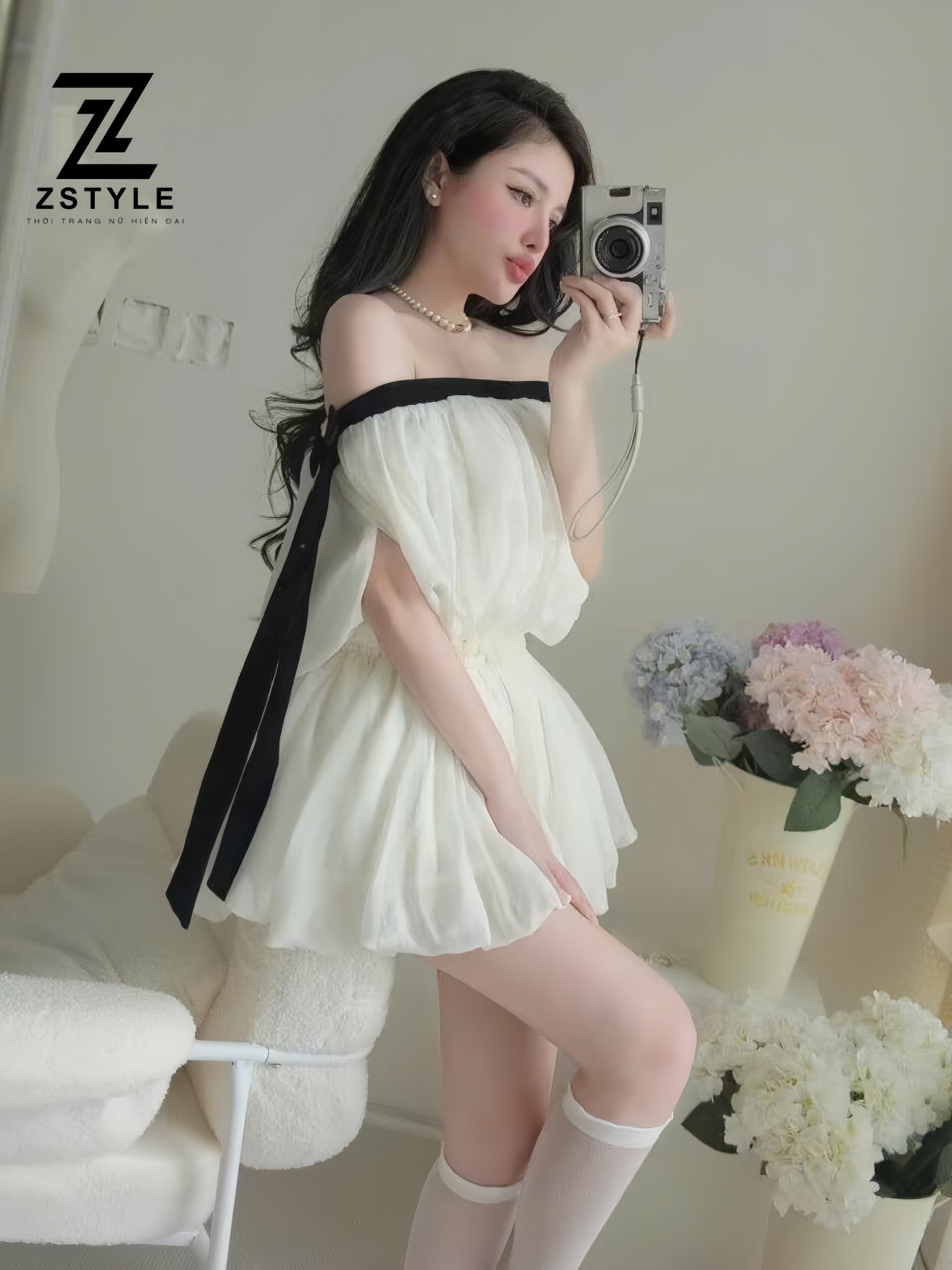 2  Đầm Trễ Vai Đính Nơ Đá Viền Đen Phối Eo Chun Dáng Xòe Bồng   Phong Cách Tiểu Thư Dễ Thương   ZSTY