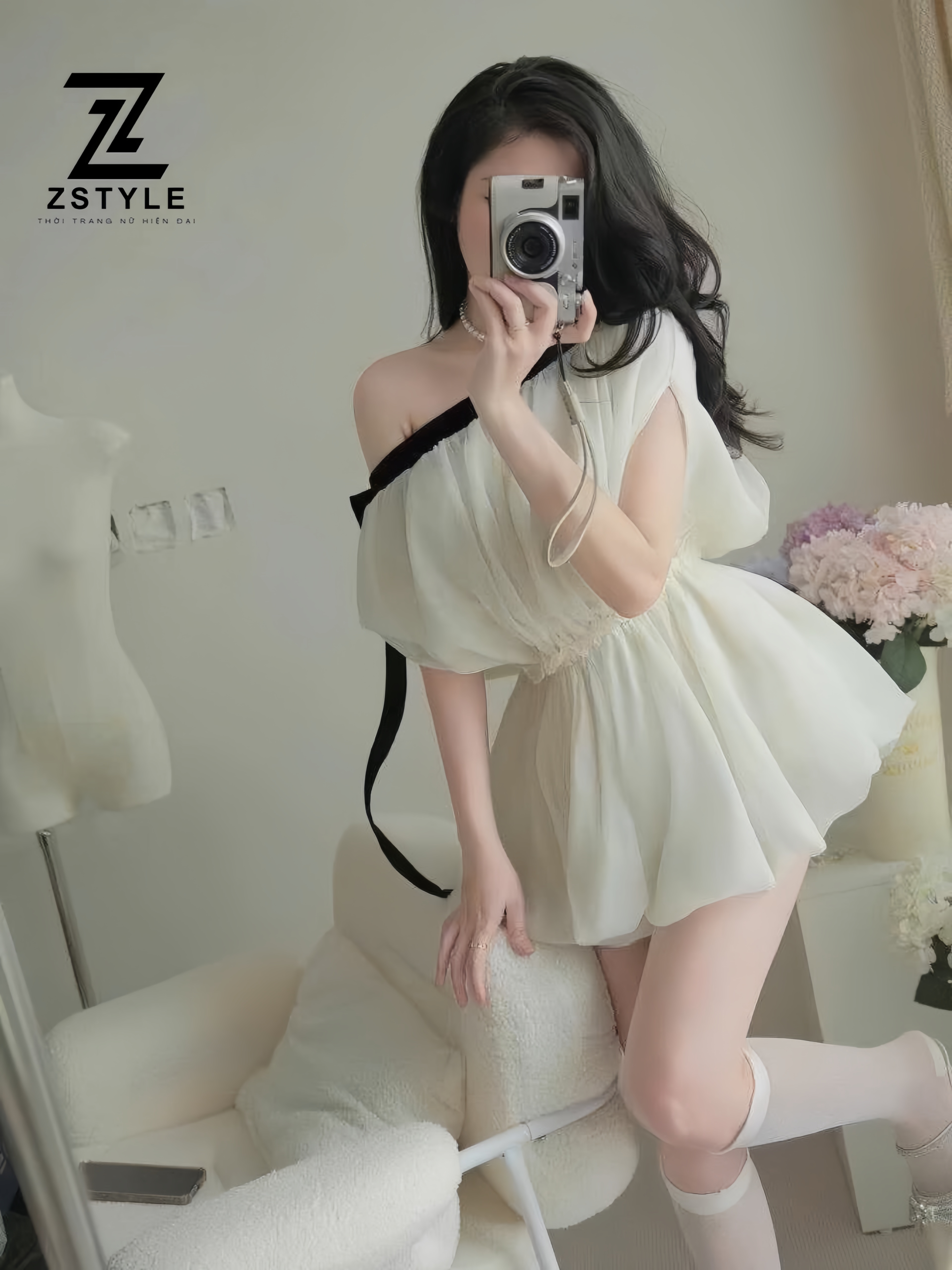 1  Đầm Trễ Vai Đính Nơ Đá Viền Đen Phối Eo Chun Dáng Xòe Bồng   Phong Cách Tiểu Thư Dễ Thương   ZSTY