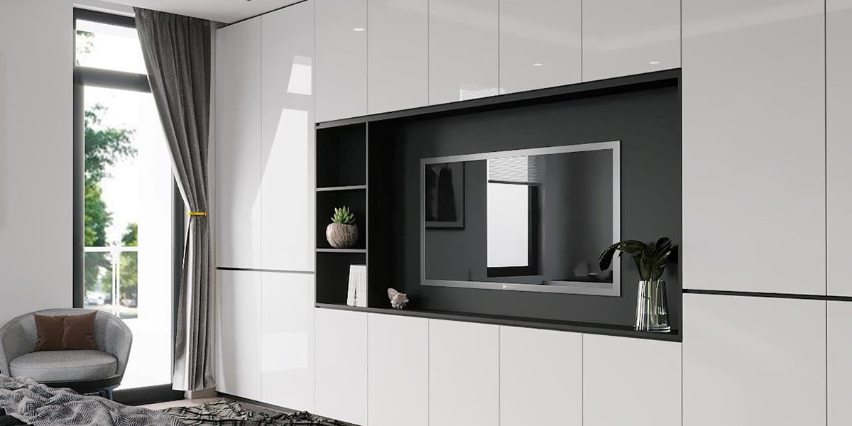 Kệ tivi treo tường với hệ tủ âm tường tích hợp