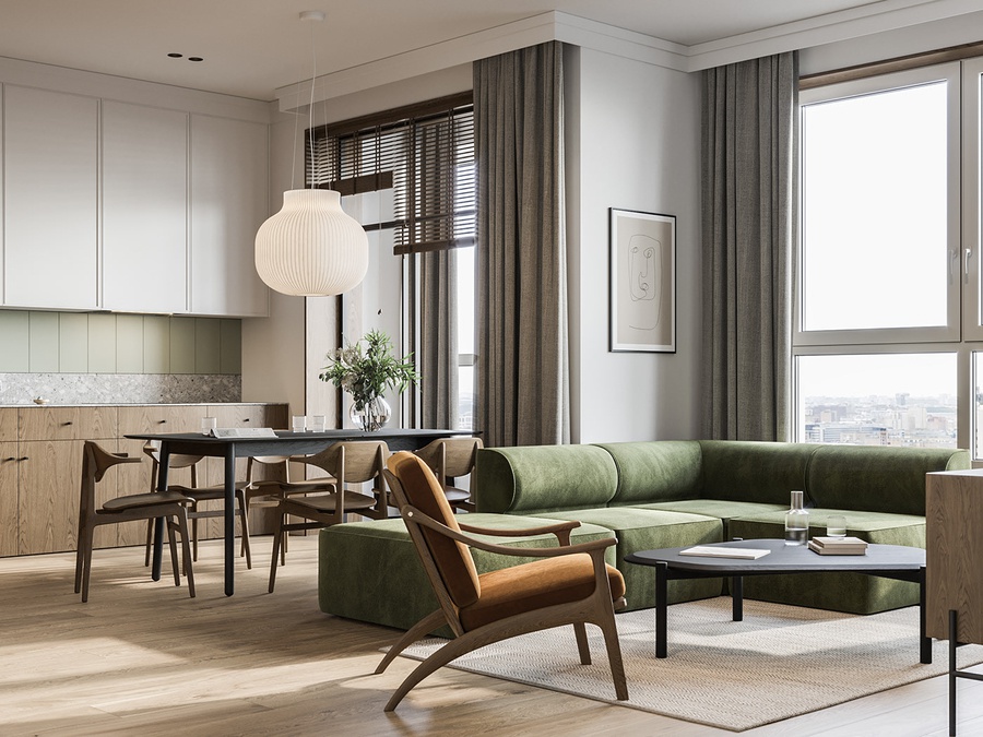 Mẫu phòng khách chung cư phong cách bắc âu với gỗ và ánh sáng tự nhiên