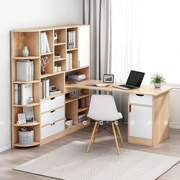 1 Bàn Làm Việc Tại Nhà Gỗ MDF Màu Nâu Kết Hợp Kệ Sách