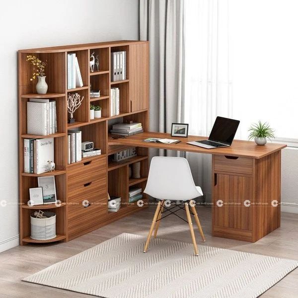 Bàn Làm Việc Tại Nhà Gỗ MDF Màu Nâu Kết Hợp Kệ Sách