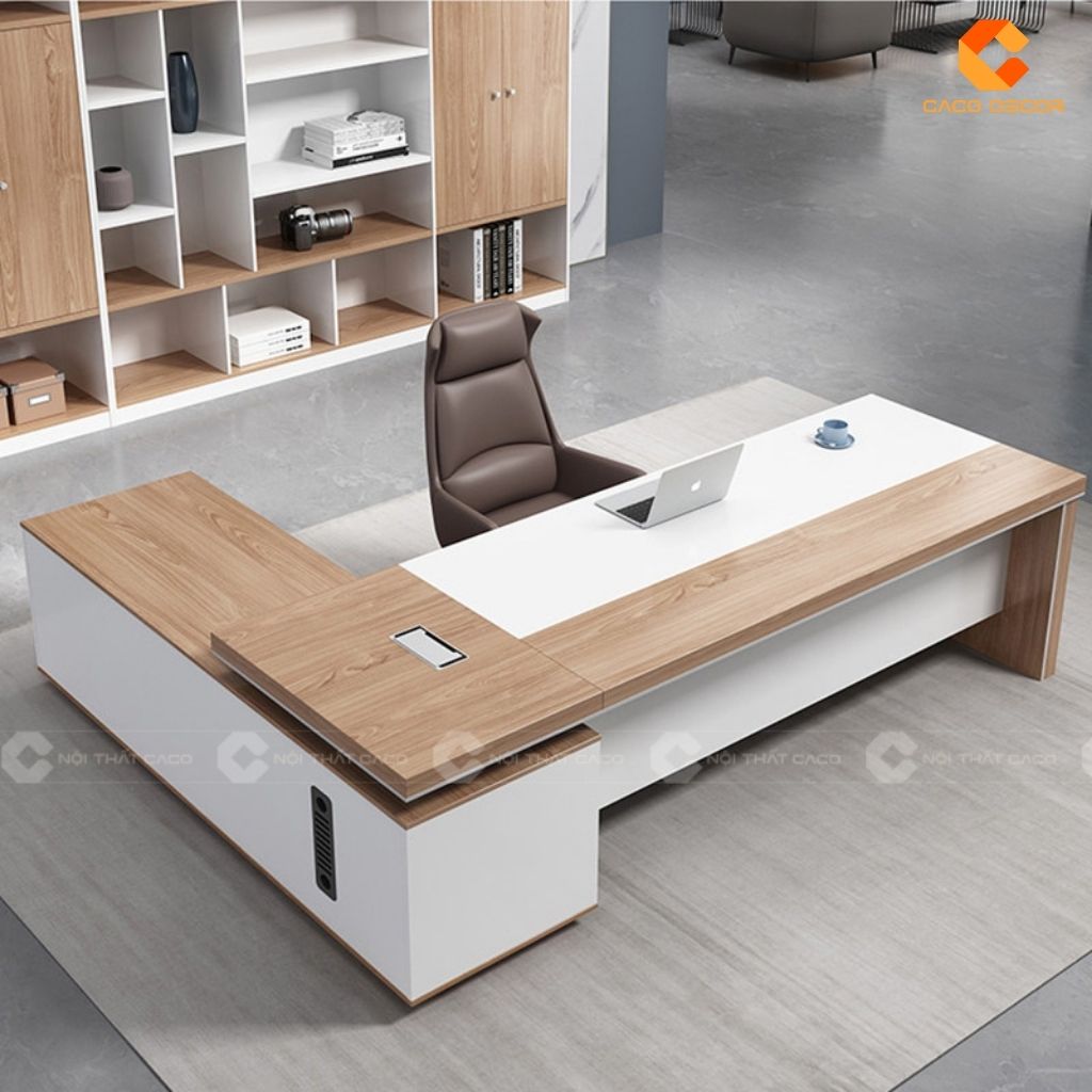 Bàn Giám Đốc Gỗ Công Nghiệp MDF Chữ L Kèm Hệ Kệ Lưu Trữ