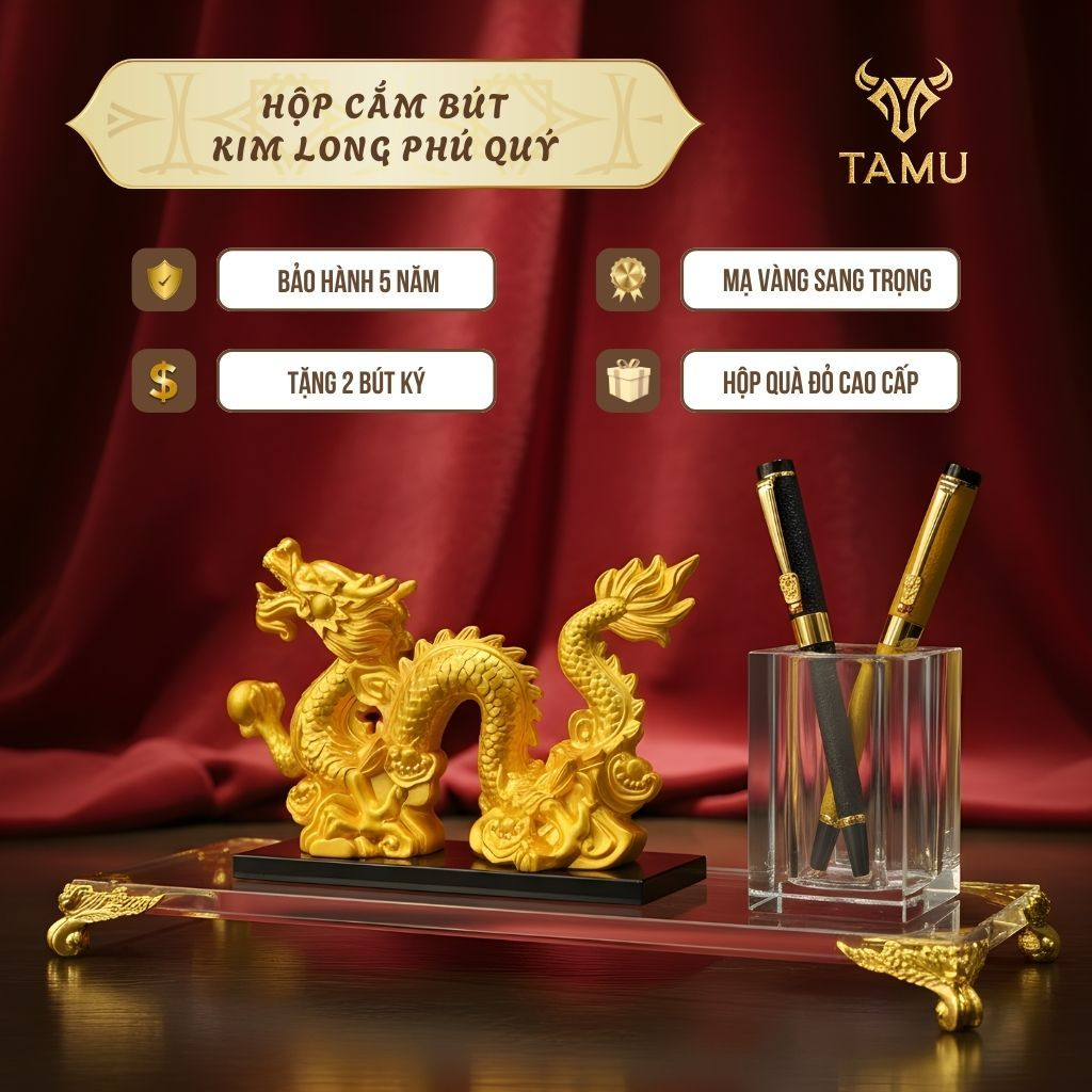 Hộp Cắm Bút Rồng Vàng Kim Long Phú Quý   Decor Bàn Làm Việc Cao Cấp Cho Lãnh Đạo Văn Phòng Công Sở