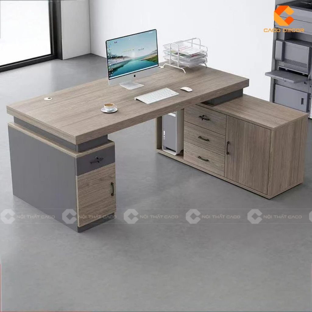 Bàn Giám Đốc Gỗ Công Nghiệp MDF Phủ Melamine Kèm Tủ Phụ Lưu Trữ