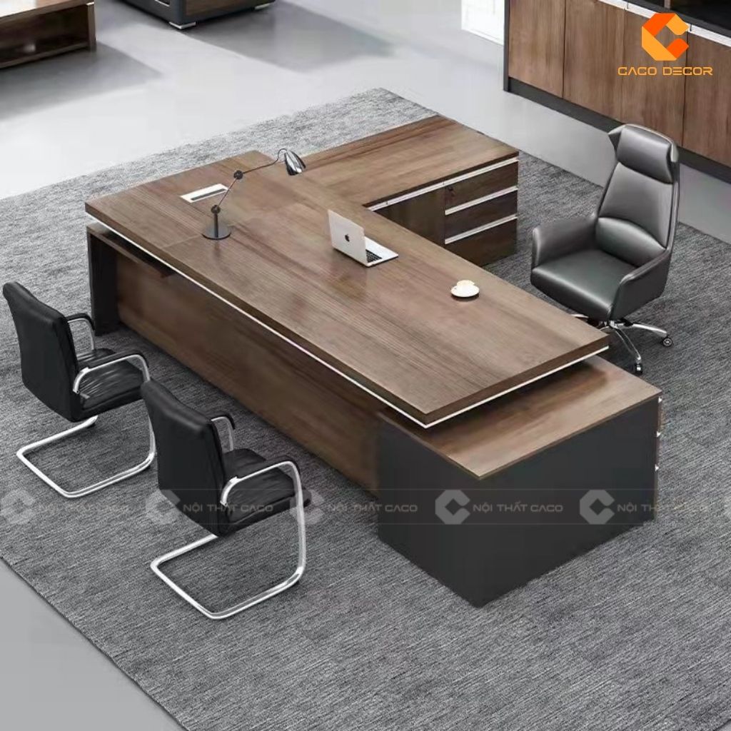 Bàn Giám Đốc Chữ L Vân Gỗ MDF Nâu Sang Trọng, Chuyên Nghiệp