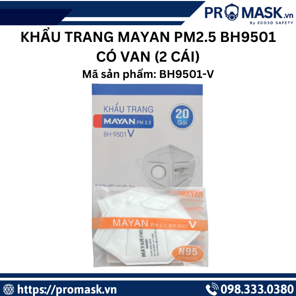 Khẩu trang MAYAN PM2.5 BH9501 có van  2 cái    Lọc bụi mịn, dễ thở hơn
