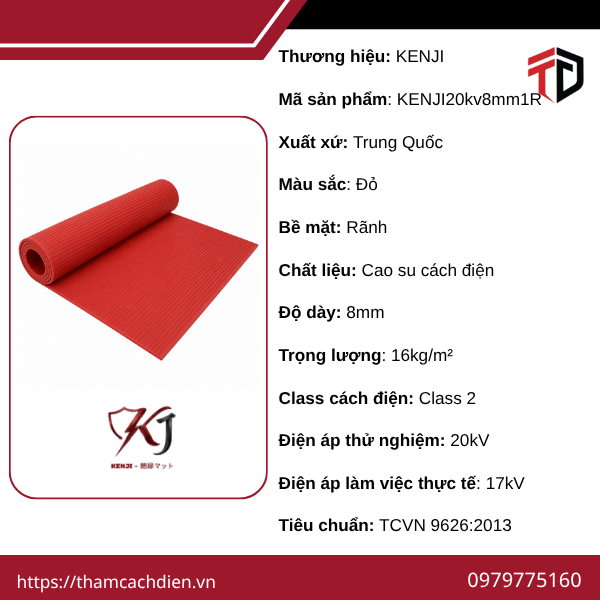 1 Thảm Cách Điện KENJI 20kV Dày 8mm Rãnh Đỏ