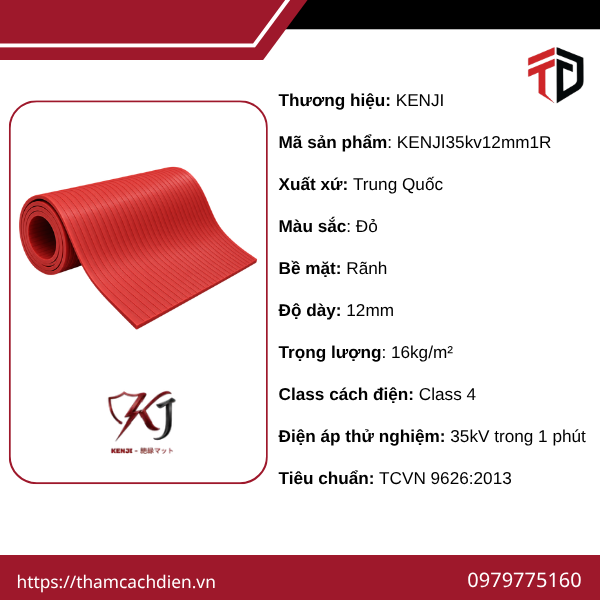 1 Thảm Cách Điện KENJI 35kv Dày 12mm Rãnh Màu Đỏ
