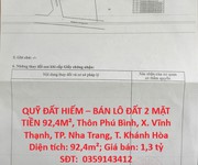 Quỹ đất hiếm   bán lô đất 2 mặt tiền 92,4m , thôn phú bình, x. vĩnh thạnh, tp. nha trang, t. khánh