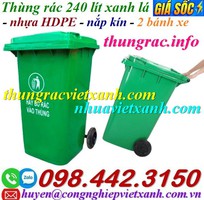 Thùng đựng rác 240 lít nhựa HDPE nắp kín 2 bánh xe - màu xanh lá