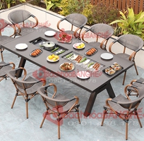 Bộ bàn ăn nhà hàng sân vườn, sân thượng 10 ghế hợp kim nhôm có bếp nướng và lẩu tại HCM