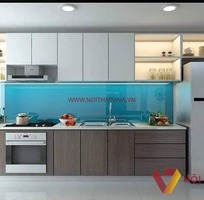 Tủ Bếp Chữ I Hiện Đại Gỗ MDF Phủ Melamine Màu Nâu Phối Trắng