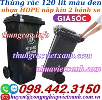 Khuyến mãi giá sốc   thùng rác 120 lít màu đen nhựa HDPE nắp kín 2 bánh xe