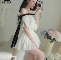 2  Đầm Trễ Vai Đính Nơ Đá Viền Đen Phối Eo Chun Dáng Xòe Bồng   Phong Cách Tiểu Thư Dễ Thương   ZSTY