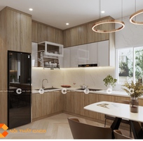 2 Tủ Bếp Gỗ Công Nghiệp Chữ L Phối Màu Nâu Vân Gỗ Hiện Đại