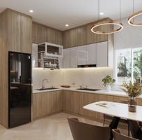 Tủ Bếp Gỗ Công Nghiệp Chữ L Phối Màu Nâu Vân Gỗ Hiện Đại
