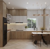 1 Tủ Bếp Gỗ Công Nghiệp Chữ L Phối Màu Nâu Vân Gỗ Hiện Đại