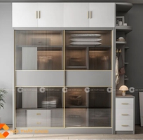 Tủ Quần Áo Cánh Kính Cửa Lùa Màu Trắng Phối Xám