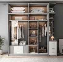 2 Tủ Quần Áo Cánh Kính Cửa Lùa Màu Trắng Phối Xám