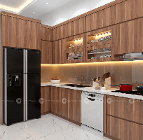 2 Tủ Bếp Gỗ Công Nghiệp MDF Chữ U Phủ Melamine Vân Gỗ Nâu