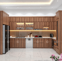 1 Tủ Bếp Gỗ Công Nghiệp MDF Chữ U Phủ Melamine Vân Gỗ Nâu