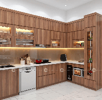 Tủ Bếp Gỗ Công Nghiệp MDF Chữ U Phủ Melamine Vân Gỗ Nâu