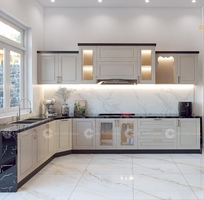 1 Tủ Bếp Gỗ Công Nghiệp Chữ L Phong Cách Tân Cổ Điển