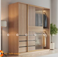 2 Tủ Quần Áo Gỗ MDF Cửa Lùa Màu Vàng Vân Gỗ Phối Kính Hiện Đại