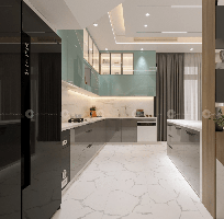 1 Tủ Bếp MDF Phủ Acrylic Chữ L Cánh Kính Màu Xanh Mint