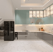 Tủ Bếp MDF Phủ Acrylic Chữ L Cánh Kính Màu Xanh Mint