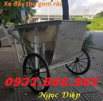 2 Xe đẩy thu gom rác, xe gom rác đẩy tay inox, xe rác inox 3 bánh