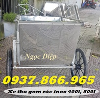 3 Xe đẩy thu gom rác, xe gom rác đẩy tay inox, xe rác inox 3 bánh