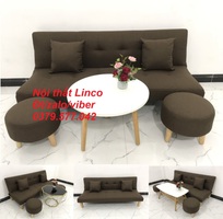 Trọn bộ sofa giường bed màu nâu vải bố giá rẻ Nội Thất Linco Bình Phước