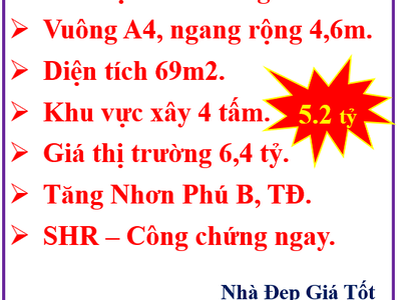 69m2-Đất mặt tiền KD- Tăng Nhơn Phú B-TĐ- Đường 16m-Chỉ 5.2 tỷ 0