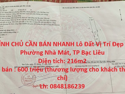 Chính chủ cần bán nhanh lô đất vị trí đẹp tại phường nhà mát, tp bạc liêu 0