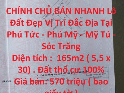 Chính chủ bán nhanh lô đất đẹp vị trí đắc địa tại phú tức - phú mỹ - mỹ tú - sóc trăng 0
