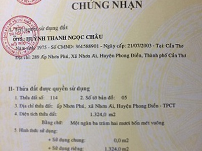 Chính chủ cần bán lô đất thửa 114 tại ấp nhơn phú , xã nhơn ái , huyện phong điền , tp. cần thơ 0