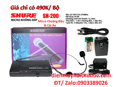 Micro choàng đầu, cài áo Shure SH-200 thu phát không dây 30m 0