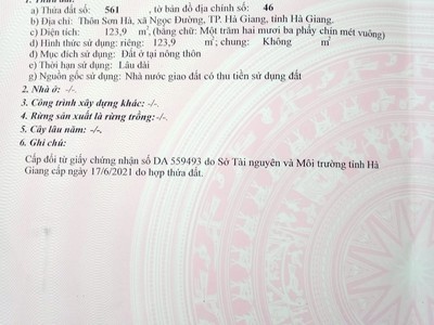 Chính chủ cần bán nhanh lô đất tại ngõ 133 - thôn sơn hà   xã ngọc đường   tp hà giang   tỉnh hà 0