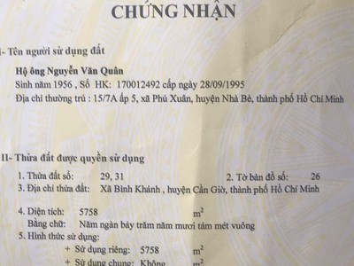 Đất 540k/m2 tại xã Bình Khánh, Cần Giờ. Cách đường Rừng Sác 700m. 3,1 tỷ 2